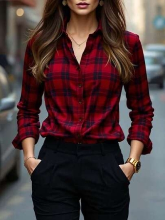 Women Essential Red Plaid Polyester Shirt With Long Regular Sleeves And Button Detail For Casual Style Fall Clothes For Women