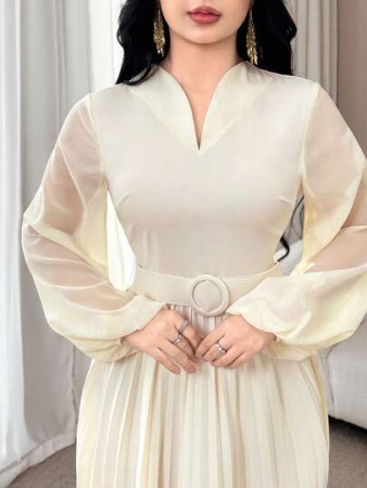 Modelyn Women's Solid Color Mesh Lantern Sleeve Belted Pleated Hem Elegant Dress