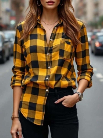 Casual Chic Women's Polyester Plaid Regular Sleeve Blouse Featuring A Shirt Collar And Button Details Fall Clothes For Women - Image 2