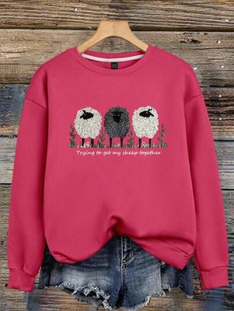 EMERY ROSE Women's Sheep Letter Slogan Graphic Print Casual Long Sleeve Round Neck Pullover Sweatshirt,Fall/Winter
