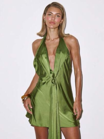 MUSERA Deep Plunge Draped Tie Front Scoop Back Bias Mini Dress Occasion Night Out Going Out Autumn Winter Fall Sexy Classy Cute