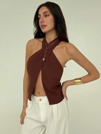 Aloruh Simple Commuter Deep Brown Office Outfit Criss-Cross Strap Open Back Women Tank Top