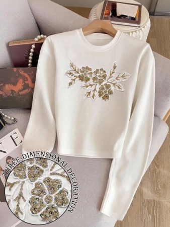 Resyla Shiny Floral Sequin Embroidered Minimalist Cropped Round Neck Long Sleeve T-Shirt, Gift For Friends