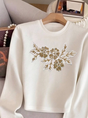 Resyla Shiny Floral Sequin Embroidered Minimalist Cropped Round Neck Long Sleeve T-Shirt, Gift For Friends - Image 5