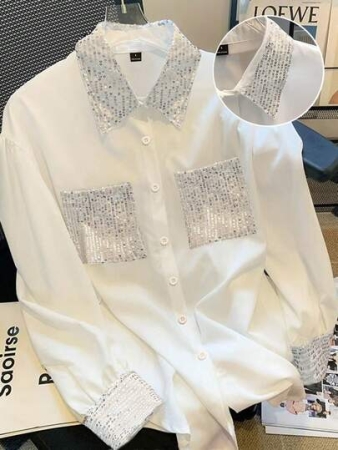 GlowEve Women's Sequin Solid Color Blouse, Standard Size, Suitable For Spring, Autumn And Winter