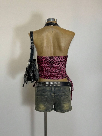 Attitoon Women's Casual Retro Y2K Harajuku Pink Leopard Print Pattern Drawstring Tie Front Cropped Camisole Top - Image 21