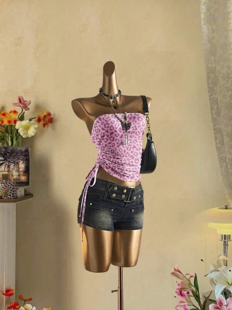 Attitoon Women's Casual Retro Y2K Harajuku Pink Leopard Print Pattern Drawstring Tie Front Cropped Camisole Top - Image 38