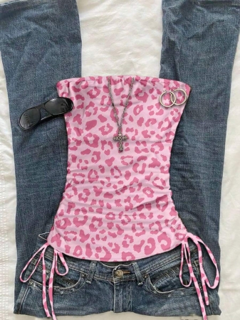 Attitoon Women's Casual Retro Y2K Harajuku Pink Leopard Print Pattern Drawstring Tie Front Cropped Camisole Top - Image 40
