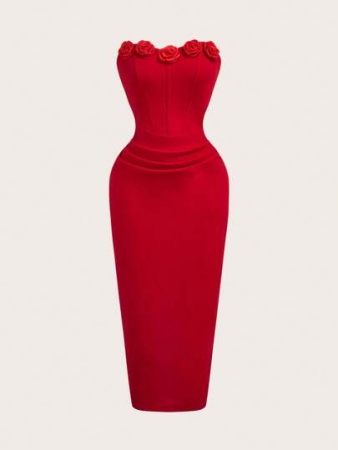 SHEIN Tall Red 3D Floral Ruched Bodycon Tube Midi Dress For Women, Fall Wedding Guest Dress, Homecoming New Year,Valentine Dress,Summer Dresses For Women