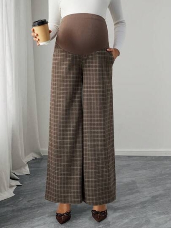 Momance Momance Women's Plaid Loose Maternity Pants, Adjustable Waist, Casual, Minimalist, Vintage, Suitable For Commuting And Daily Wear, Autumn/Winter