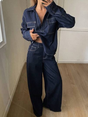 DAZY Women's Denim Collared Jacket With Large Pockets And Straight Leg Jeans Casual Denim Set