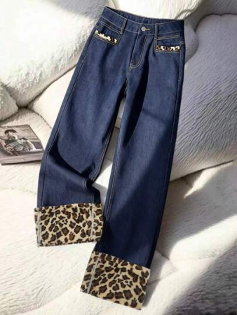 GlowEve Women's Casual Street Style Contrast Color Leopard Print Denim Jeans