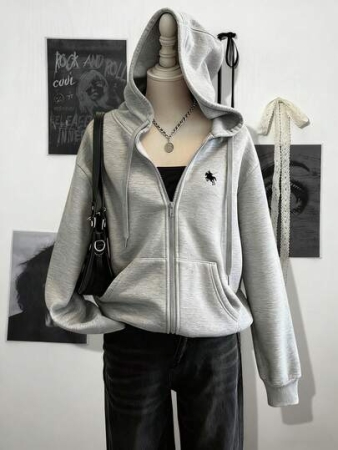 SHEIN EZwear Casual Minimalist Printed Hooded Sweatshirt Long Sleeve Loose Fit Women Sweatshirt