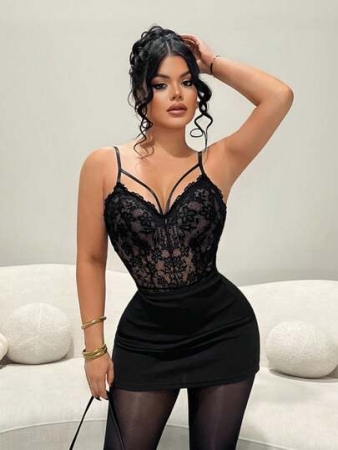 SHEIN SXY Fashionable Black Lace Spaghetti Strap Sexy Sheer Bodysuit