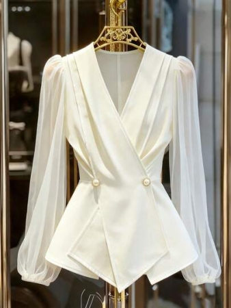 Franclia Women's Long Sleeve Chiffon Patchwork Crossover Collar Pearl Button Decor Office Commute Date Holiday Shirt