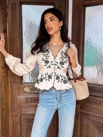 Serisse Fall Winter 2025 Women's Floral Arched V-Neck Lantern Sleeve Single-Breasted Fashion Shirt, Suitable For Vacation, Cross-Stitch Craft Floral Embroidery Shirt, Contrast Color Floral Embroidery Top, Contrast Color Wavy Edge Embroidery Shirt,Cream Blouse,Peasant Blouse,Women Blouses Elegant, Lantern Sleeve Blouse,Ruched Waist Shirt,Suitable For Work And Commute, Spring/Autumn,Elegant Blouses, Modest Blouse, Business Casual Woman Blouse, Legant Blouses For Women ,Thanksgiving Shirt,Fashionable & Versatile, New Year Outfit ,Christmas Outfit For Women,Cozy Fall And Winter Clothes For Women ,French Style Clothes, Brunch Outfit, Commuting, Office , Minimalist, Elegant, Vintage, Perfect For Everyday Outfits, French Fashion Style