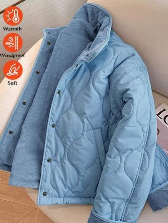 Resyla Women's Long Sleeve Light Blue Houndstooth Corduroy Winter Jacket