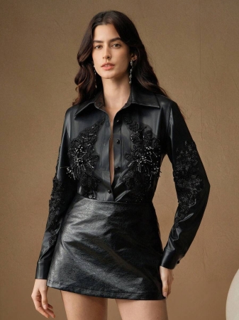 Anewsta Elegant PU Floral Embroidered Button-Up Shirt For Women, Suitable For Fall, Winter, New Year, Chic, Stylish, Christmas, Going Out - Image 2