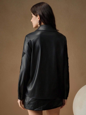 Anewsta Elegant PU Floral Embroidered Button-Up Shirt For Women, Suitable For Fall, Winter, New Year, Chic, Stylish, Christmas, Going Out - Image 3