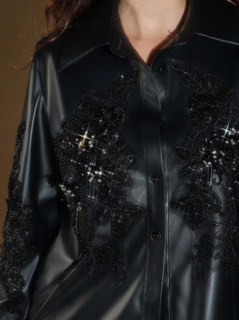 Anewsta Elegant PU Floral Embroidered Button-Up Shirt For Women, Suitable For Fall, Winter, New Year, Chic, Stylish, Christmas, Going Out - Image 4