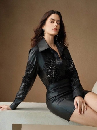 Anewsta Elegant PU Floral Embroidered Button-Up Shirt For Women, Suitable For Fall, Winter, New Year, Chic, Stylish, Christmas, Going Out - Image 8