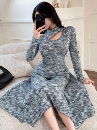 Feyla Women's Elegant Space Dye Print Stand Collar Hollow Out Waist Dress, Autumn