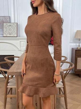 EMERY ROSE Women's Solid Color Round Neck 3/4 Sleeve Ruffle Hem Elegant Short Dress