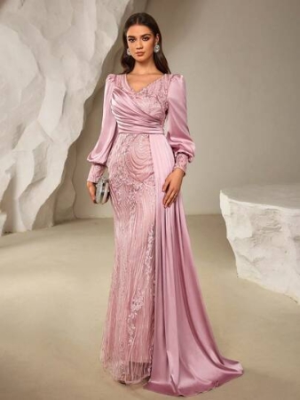 Autumn/Winter Deep V-Neck Lantern Sleeve Luxury Evening Gown, Elegant Banquet Fashion Waist Embroidered Dress Suitable For Evening Events, Luxury Wedding Banquet, Formal Evening Gown, Holiday Thanksgiving Dress, New Year's Eve Dress