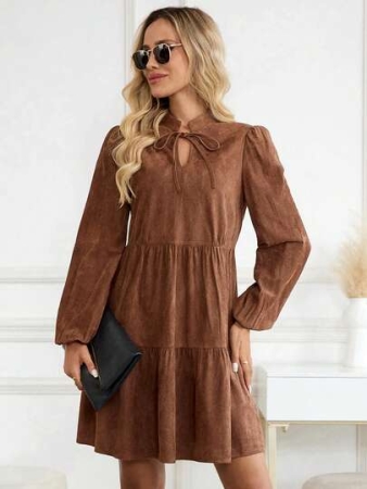 EMERY ROSE Women's Casual Everyday Commute Simple Solid Color Knot Cutout Neck Lantern Sleeve Tiered Hem Short Dress, Autumn