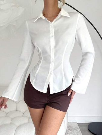 SHEIN PETITE Women's Casual Office Commute Fashion Urban Lady Long Sleeve Flare Sleeve Cardigan Shirt White Blouse Elegant White Long Sleeve Blouse
