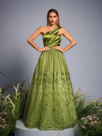 Mgiacy,New Arrival,Asymmetrical One Shoulder,Satin,Ruched Contrast Embroidery Lace ,Elegant Gown Dress,Guest Dress Long Dress For Prom Wedding