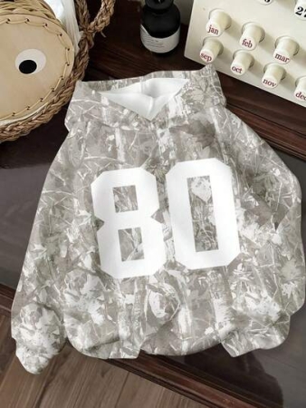 Attitoon Casual Minimalist Street Vintage Bare Branch & Leaf Numeric Print Pattern, Grey Loose Fit Hoodie Long Sleeve Sweatshirt, Comfortable For Autumn/Winter