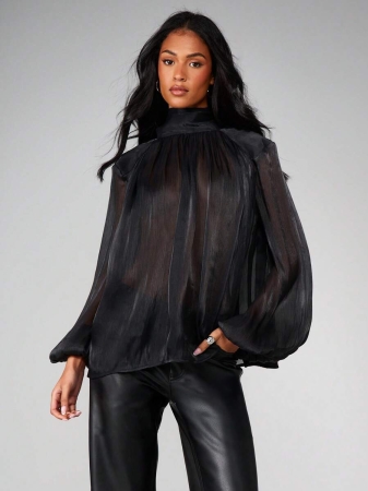 MISSGUIDED Christmas Oversized Sheer Chiffon High Neck Blouse With Tie Back Detail And Long Bishop Sleeves For Elegant Evening Occasions - Image 2