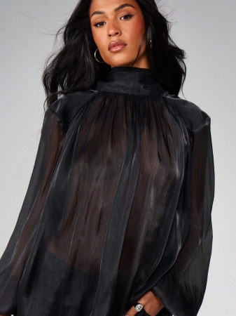 MISSGUIDED Christmas Oversized Sheer Chiffon High Neck Blouse With Tie Back Detail And Long Bishop Sleeves For Elegant Evening Occasions - Image 4
