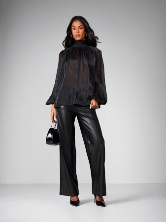 MISSGUIDED Christmas Oversized Sheer Chiffon High Neck Blouse With Tie Back Detail And Long Bishop Sleeves For Elegant Evening Occasions - Image 5