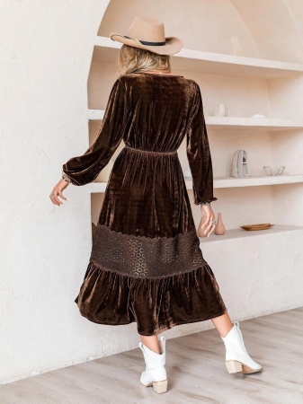 Rusttydustty Boho Chocolate Brown Velvet Warm V-Neck Long Sleeve Elegant Lady's Dress - Image 3
