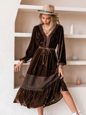 Rusttydustty Boho Chocolate Brown Velvet Warm V-Neck Long Sleeve Elegant Lady's Dress - Image 4