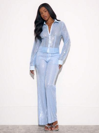 MUSERA Sheer Sequin High Waist Wide Leg Trousers Only Autumn Fall Winter Christmas Going Out Casual Cute Sexy Night Out Party Cool Allure