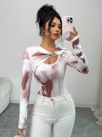 Elenzga Women's Elegant New Tie-Dye Print Circular Design Fitted Long Sleeve Bodysuit, Autumn Women's Clothing