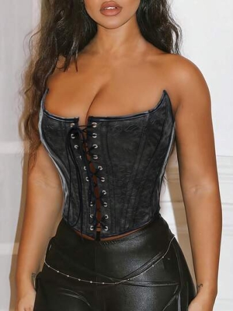 Apperloth A Y2K Corset Crop Tube Tops Black PU Leather Mottled Texture Boned Waist Training Tie Front Asymmetrical Structure Lace Up Backless Overbust Shapewear For Women Halloween Costumes Thanksgiving Outfit