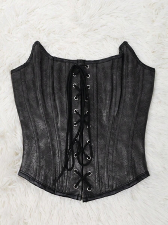 Apperloth A Y2K Corset Crop Tube Tops Black PU Leather Mottled Texture Boned Waist Training Tie Front Asymmetrical Structure Lace Up Backless Overbust Shapewear For Women Halloween Costumes Thanksgiving Outfit - Image 7