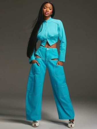 NYA SZN Dela Denim Jacket Top Long Sleeve Zip Up Fitted Pant Jeans High Rise Straight Leg Baggy Oversized Loose Vintage 90s Y2K Streetwear Fall Winter Neon Thanksgiving Christmas NYE New Years Eve Outfits For Women