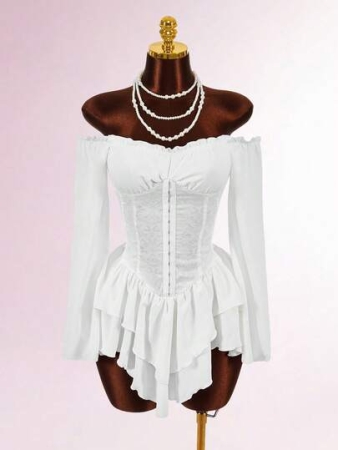 Amplova Y2K Amplova Women's Elegant Women's Retro Romantic Women's Long Sleeve Shoulder Strap Mini Dress, White Pleated Jacquard Waist Tie Ruffle Trim Off Shoulder Layered Ruffle Hem A-Line Chiffon Party Dress, Suitable For Autumn/Winter