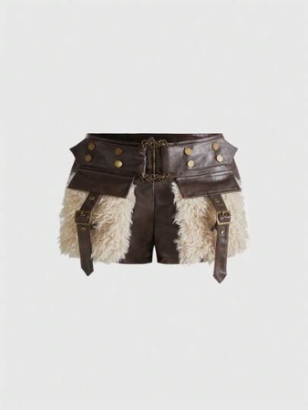 ROMWE Grunge Punk Y2K Retro Distressed Faux Fur Patchwork Ultra Low Waist Mini Shorts