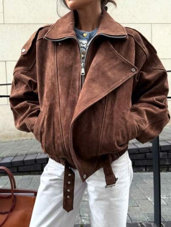 Vintage Casual Suede Fleece Loose Everyday Women Regular Jacket