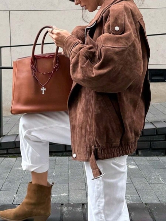 Vintage Casual Suede Fleece Loose Everyday Women Regular Jacket - Image 8