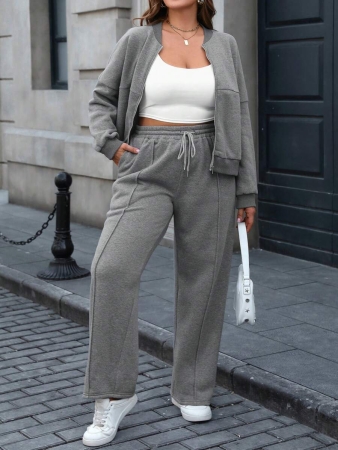 Easura 2pcs Plus Size Casual Zip-Front Top And Drawstring Pants Set Fall Cloth For Women - Image 7