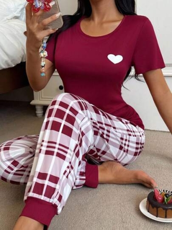Red And Plaid Long Pant Pajama Set With Round Neck And Casual Style Burgundy Pajama Set Plaid Pajama Set, Fall Clothes