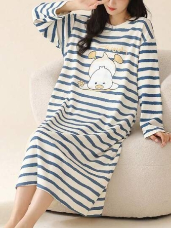 AICJ 1pc Women's Casual Striped & Letter Graphic Print Round Neck Midi Dress Loungewear, Suitable For Spring, Summer, Autumn, Winter, Mother's Day, Valentine's Day, New Year Gift, Moo Moo Sleep Dress, Fall