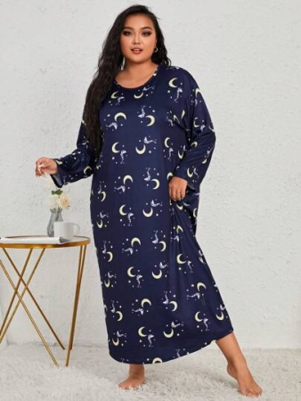Plus Moon & Star Print Drop Shoulder Pajama Nightdress, Long Dress, Moo Moo Cozy And Elegant Details, For Fall